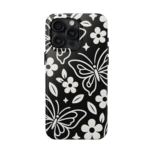 Midnight Butterfly Line Art Tough Case - Minimalist Floral Cover for iPhone & Samsung
