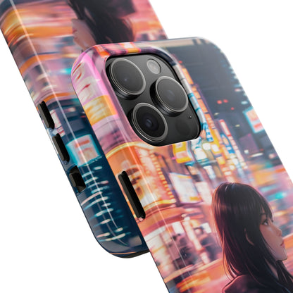 Neon City Girl Tough Case - Urban Melancholy Anime Cover for iPhone & Samsung