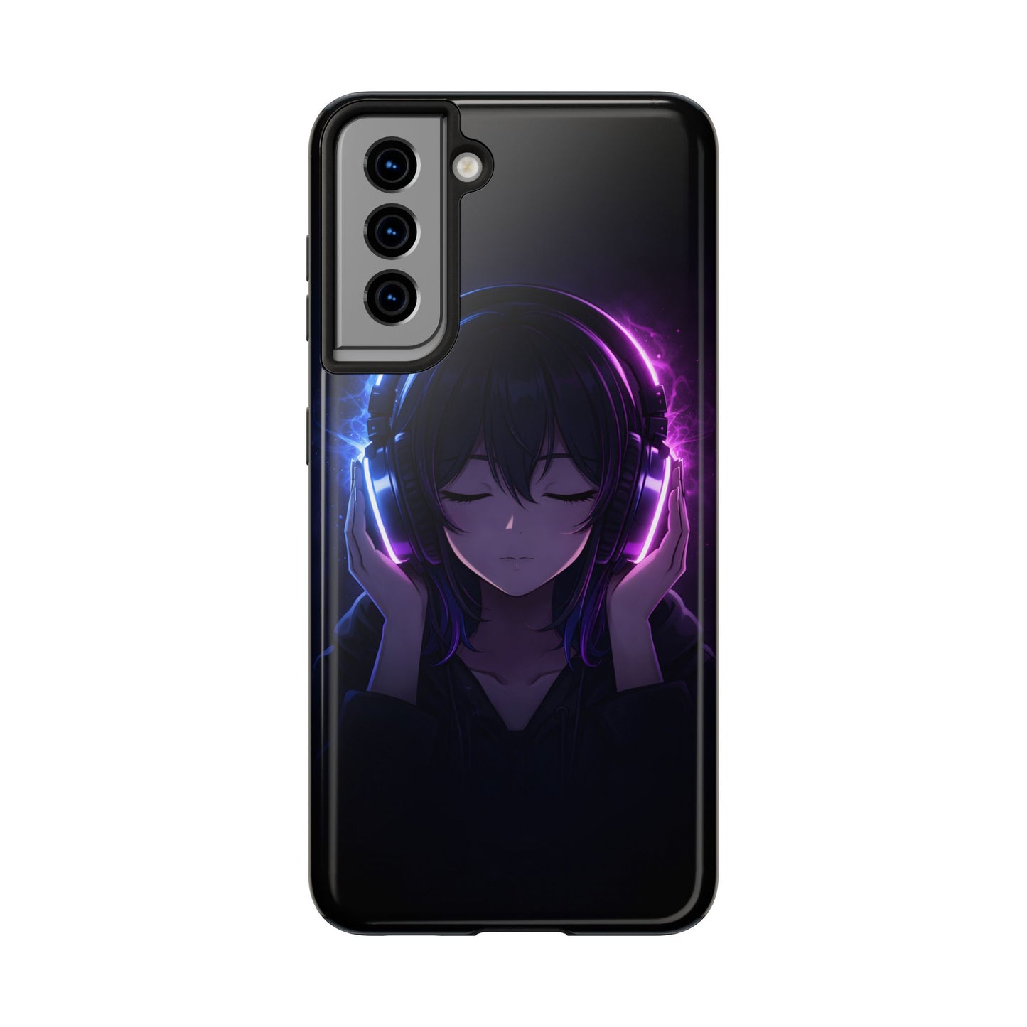 Neon Music Anime Girl Tough Case - Purple & Blue Aesthetic Cover for iPhone & Samsung