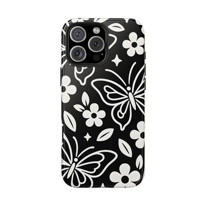 Midnight Butterfly Line Art Tough Case - Minimalist Floral Cover for iPhone & Samsung