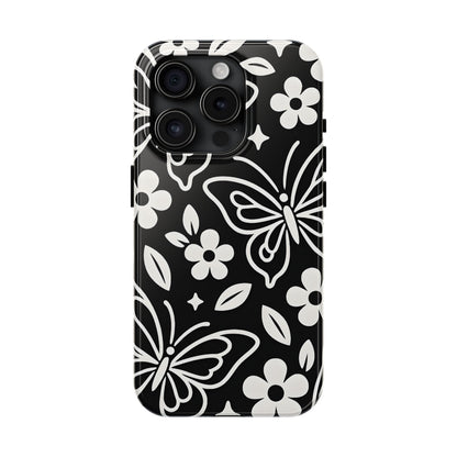 Midnight Butterfly Line Art Tough Case - Minimalist Floral Cover for iPhone & Samsung