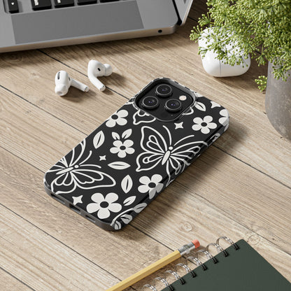Midnight Butterfly Line Art Tough Case - Minimalist Floral Cover for iPhone & Samsung