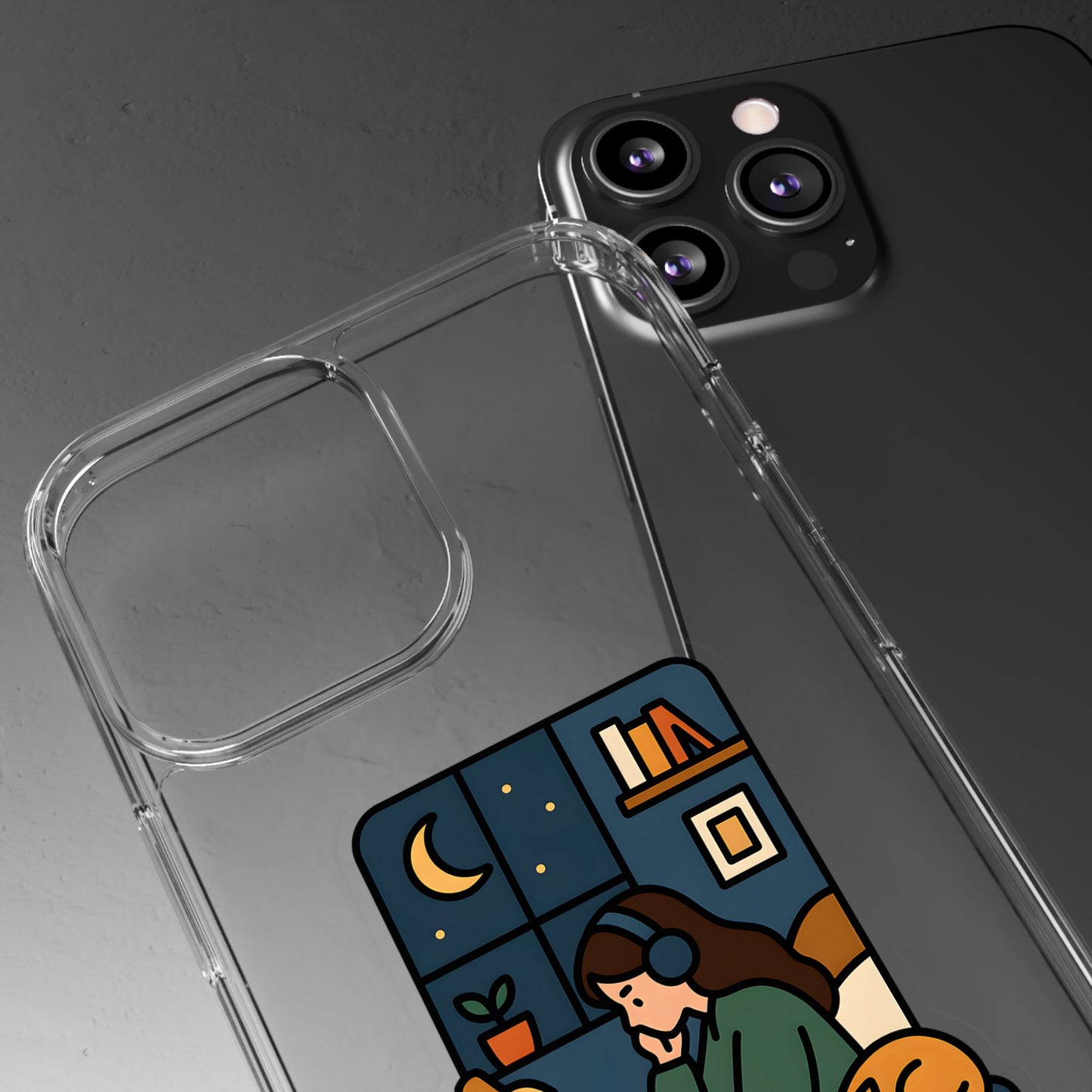 Clear Lofi Midnight Study Case - Cozy Aesthetic Transparent Cover for iPhone & Samsung