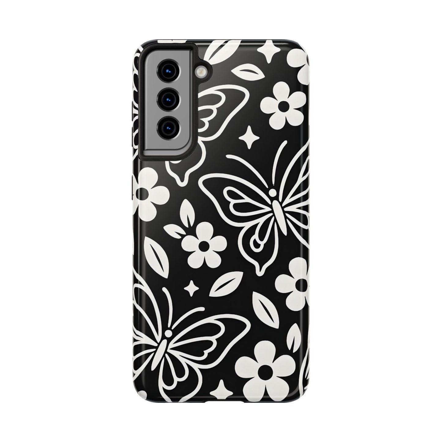 Midnight Butterfly Line Art Tough Case - Minimalist Floral Cover for iPhone & Samsung