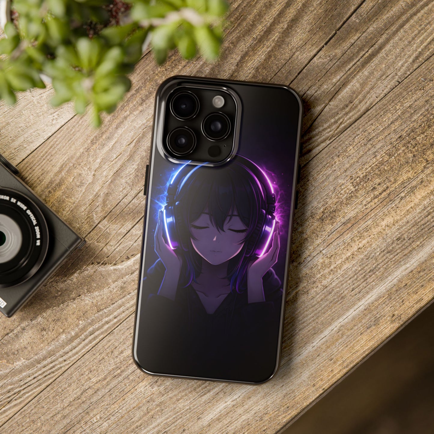 Neon Music Anime Girl Tough Case - Purple & Blue Aesthetic Cover for iPhone & Samsung