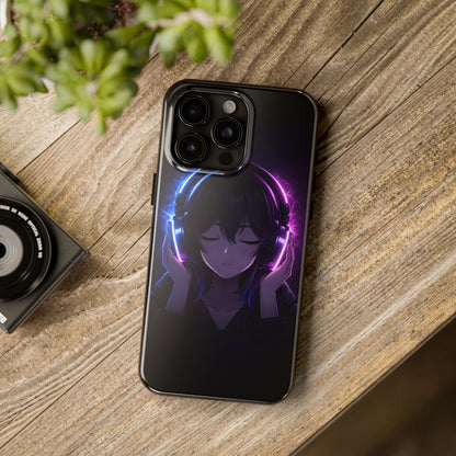 Neon Music Anime Girl Tough Case - Purple & Blue Aesthetic Cover for iPhone & Samsung