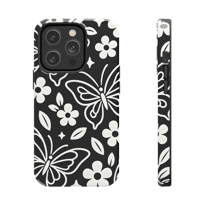 Midnight Butterfly Line Art Tough Case - Minimalist Floral Cover for iPhone & Samsung