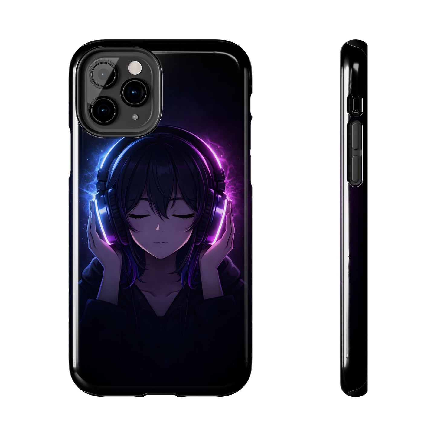 Neon Music Anime Girl Tough Case - Purple & Blue Aesthetic Cover for iPhone & Samsung