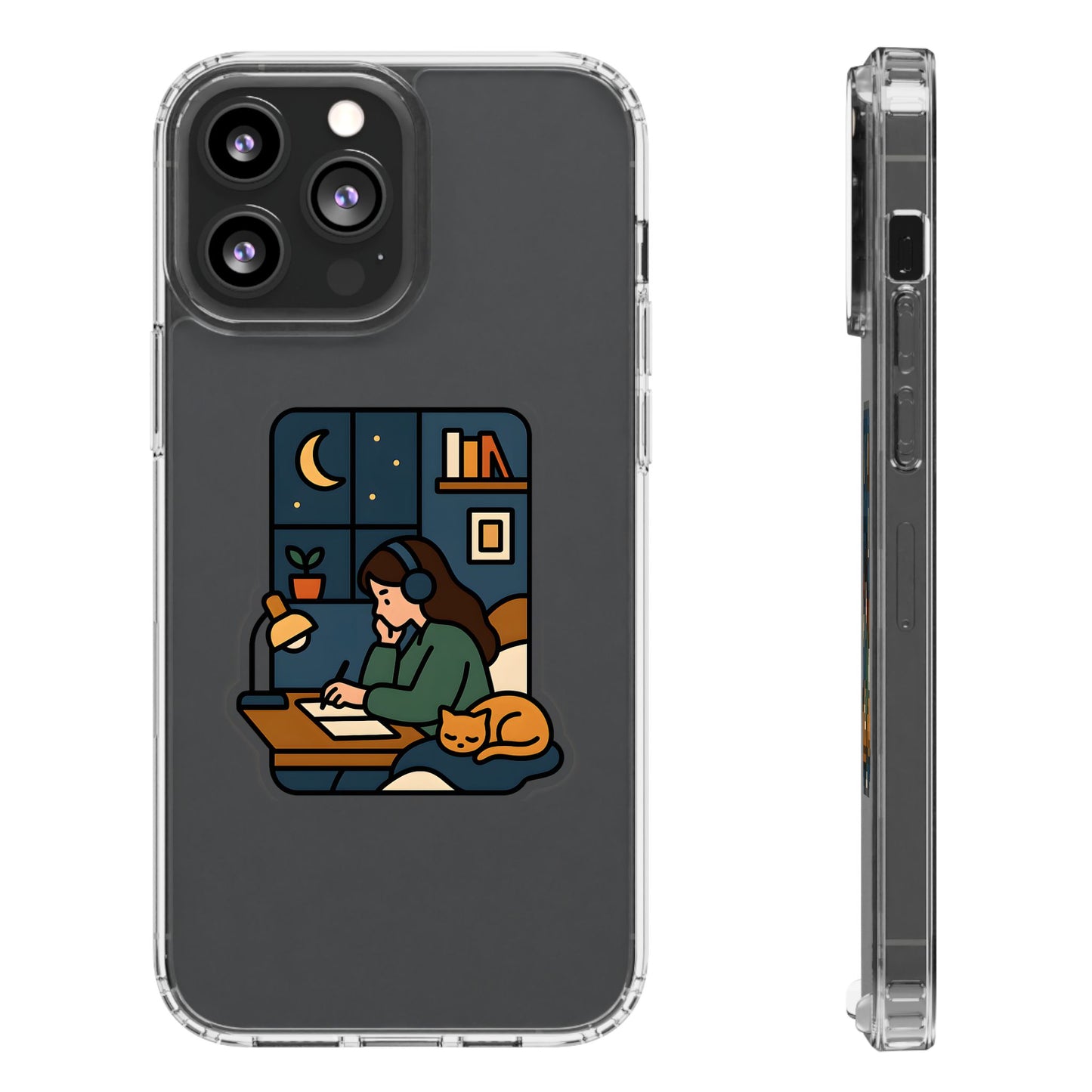 Clear Lofi Midnight Study Case - Cozy Aesthetic Transparent Cover for iPhone & Samsung