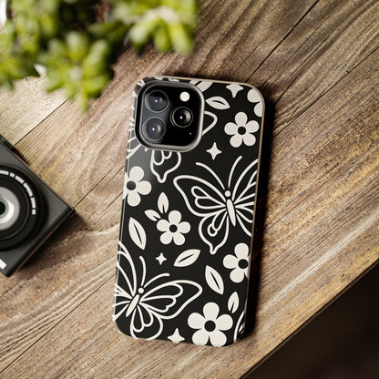 Midnight Butterfly Line Art Tough Case - Minimalist Floral Cover for iPhone & Samsung