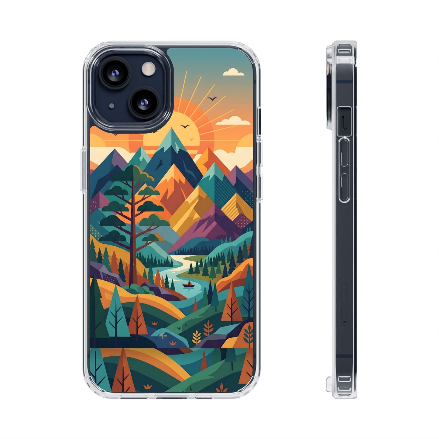 Retro Mountain Landscape Clear Case - Minimalist Outdoor Aesthetic Cover