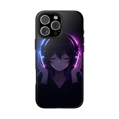 Neon Music Anime Girl Tough Case - Purple & Blue Aesthetic Cover for iPhone & Samsung