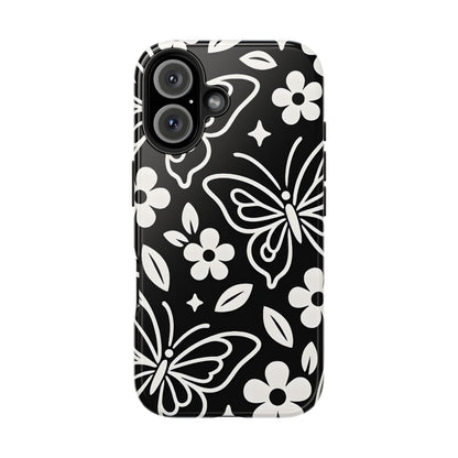 Midnight Butterfly Line Art Tough Case - Minimalist Floral Cover for iPhone & Samsung