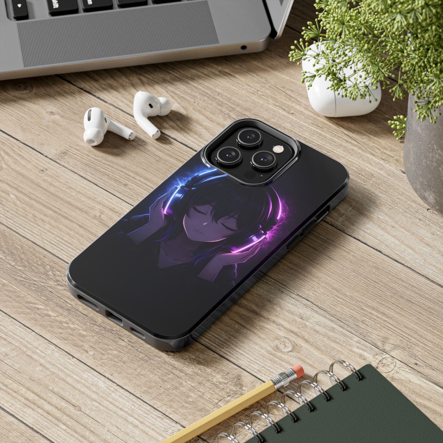 Neon Music Anime Girl Tough Case - Purple & Blue Aesthetic Cover for iPhone & Samsung