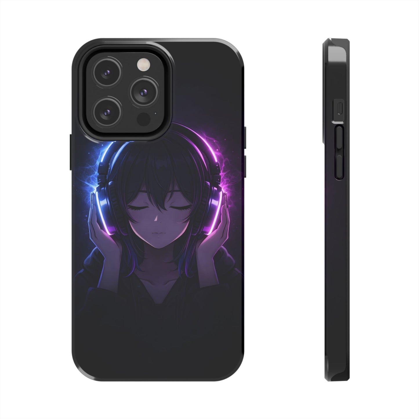 Neon Music Anime Girl Tough Case - Purple & Blue Aesthetic Cover for iPhone & Samsung