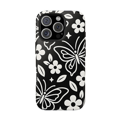 Midnight Butterfly Line Art Tough Case - Minimalist Floral Cover for iPhone & Samsung