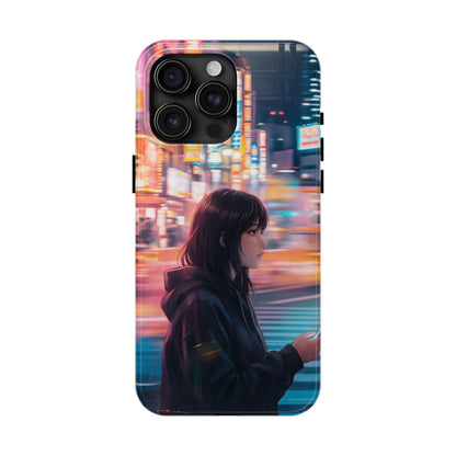 Neon City Girl Tough Case - Urban Melancholy Anime Cover for iPhone & Samsung
