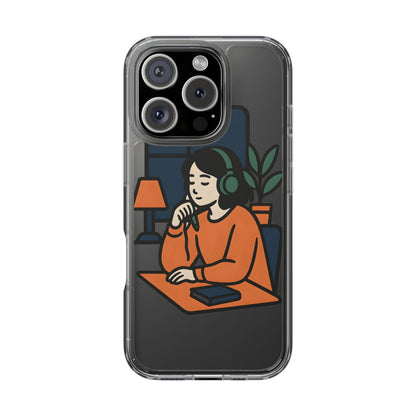 Clear Lofi Study Girl Case - Minimalist Aesthetic Transparent Cover for iPhone & Samsung