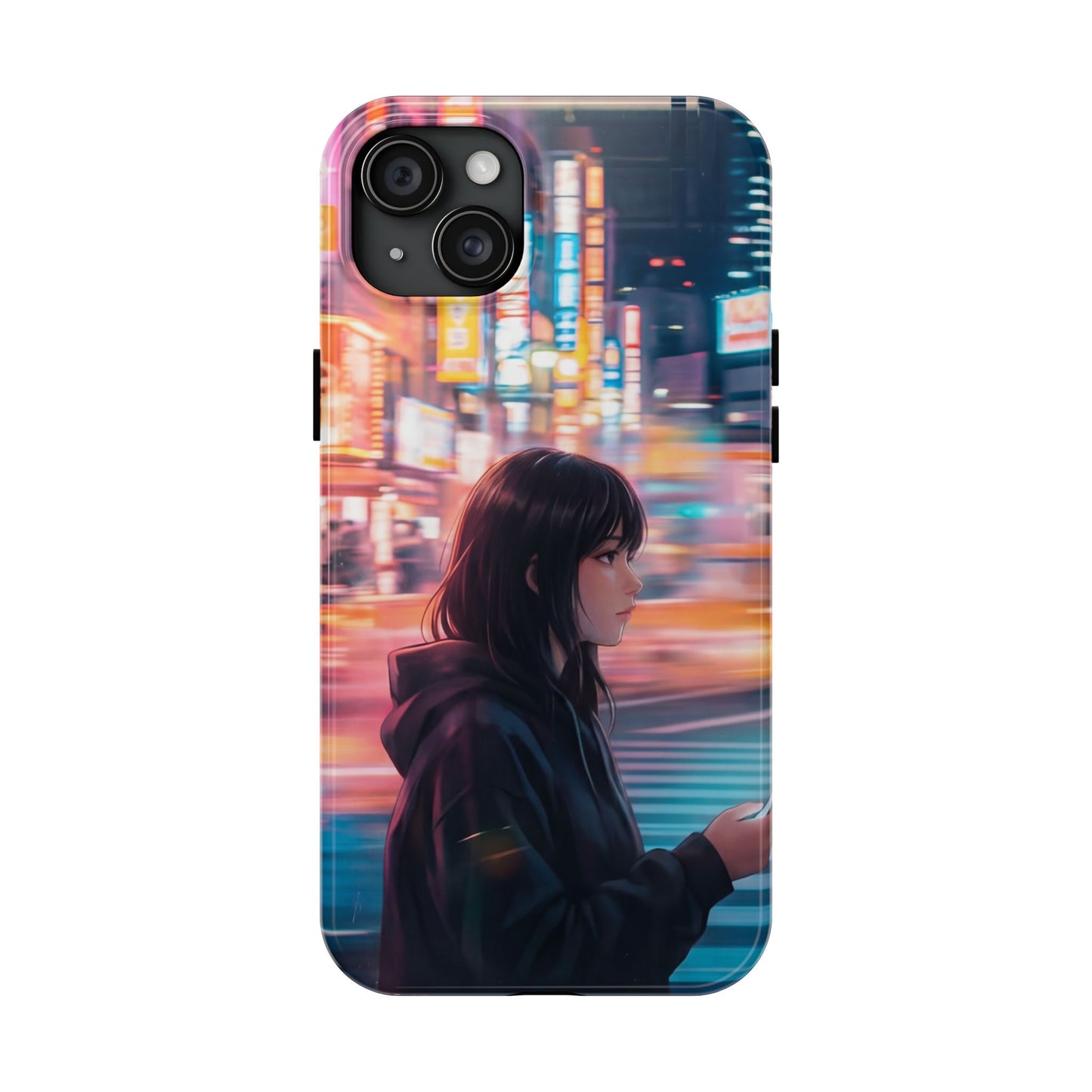 Neon City Girl Tough Case - Urban Melancholy Anime Cover for iPhone & Samsung