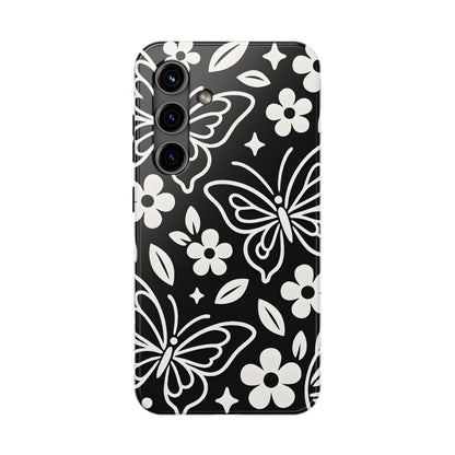 Midnight Butterfly Line Art Tough Case - Minimalist Floral Cover for iPhone & Samsung