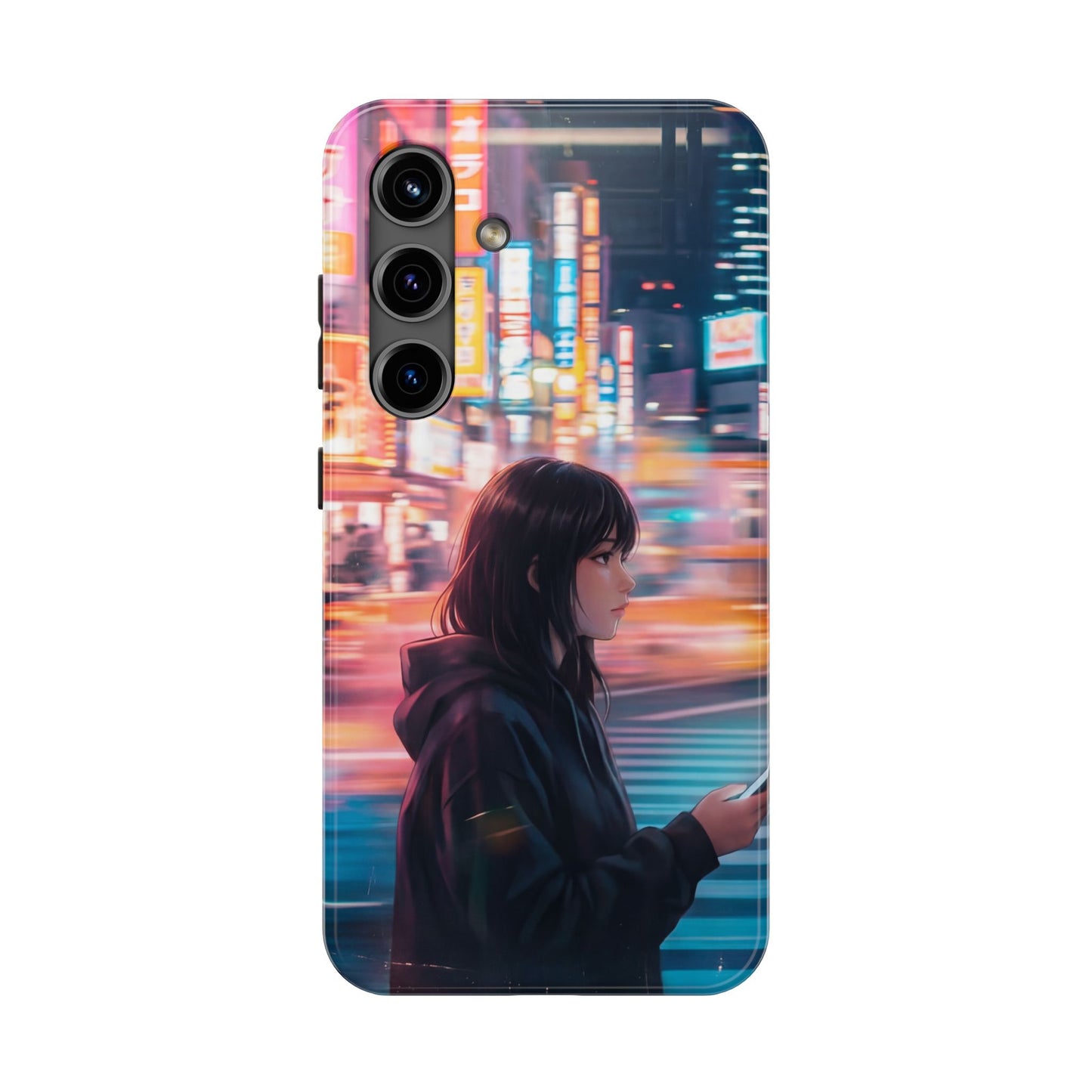Neon City Girl Tough Case - Urban Melancholy Anime Cover for iPhone & Samsung