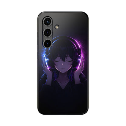 Neon Music Anime Girl Tough Case - Purple & Blue Aesthetic Cover for iPhone & Samsung