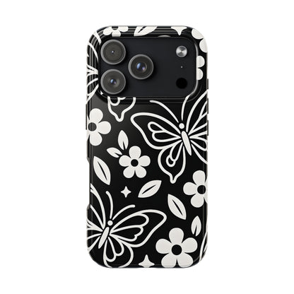 Midnight Butterfly Line Art Tough Case - Minimalist Floral Cover for iPhone & Samsung