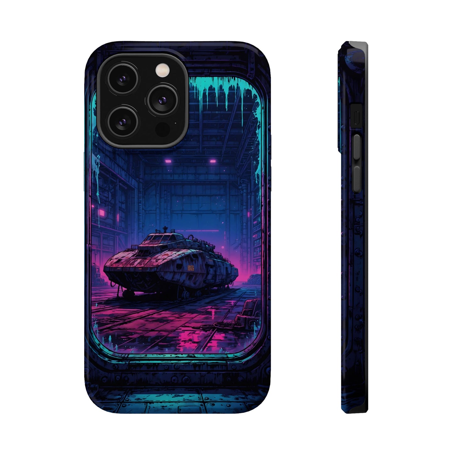 Cyberpunk Garage: Neon Sci-Fi Hover Tank MagSafe Case