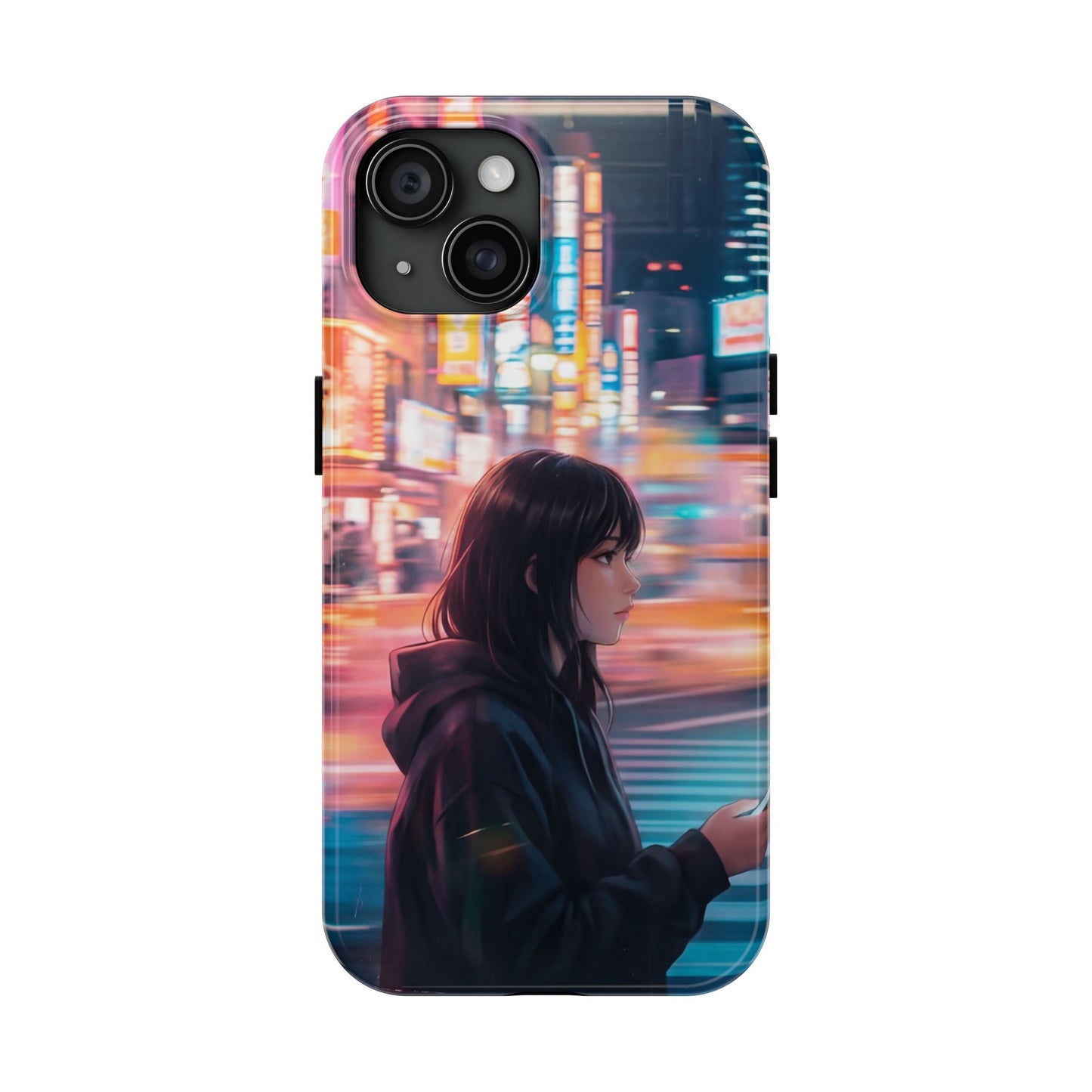Neon City Girl Tough Case - Urban Melancholy Anime Cover for iPhone & Samsung