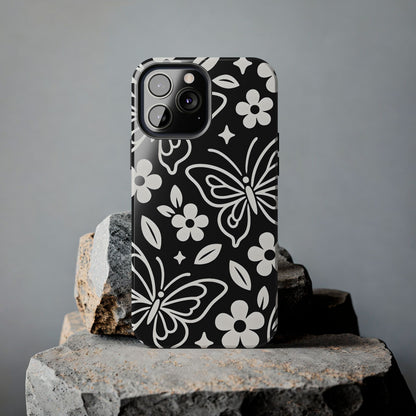 Midnight Butterfly Line Art Tough Case - Minimalist Floral Cover for iPhone & Samsung