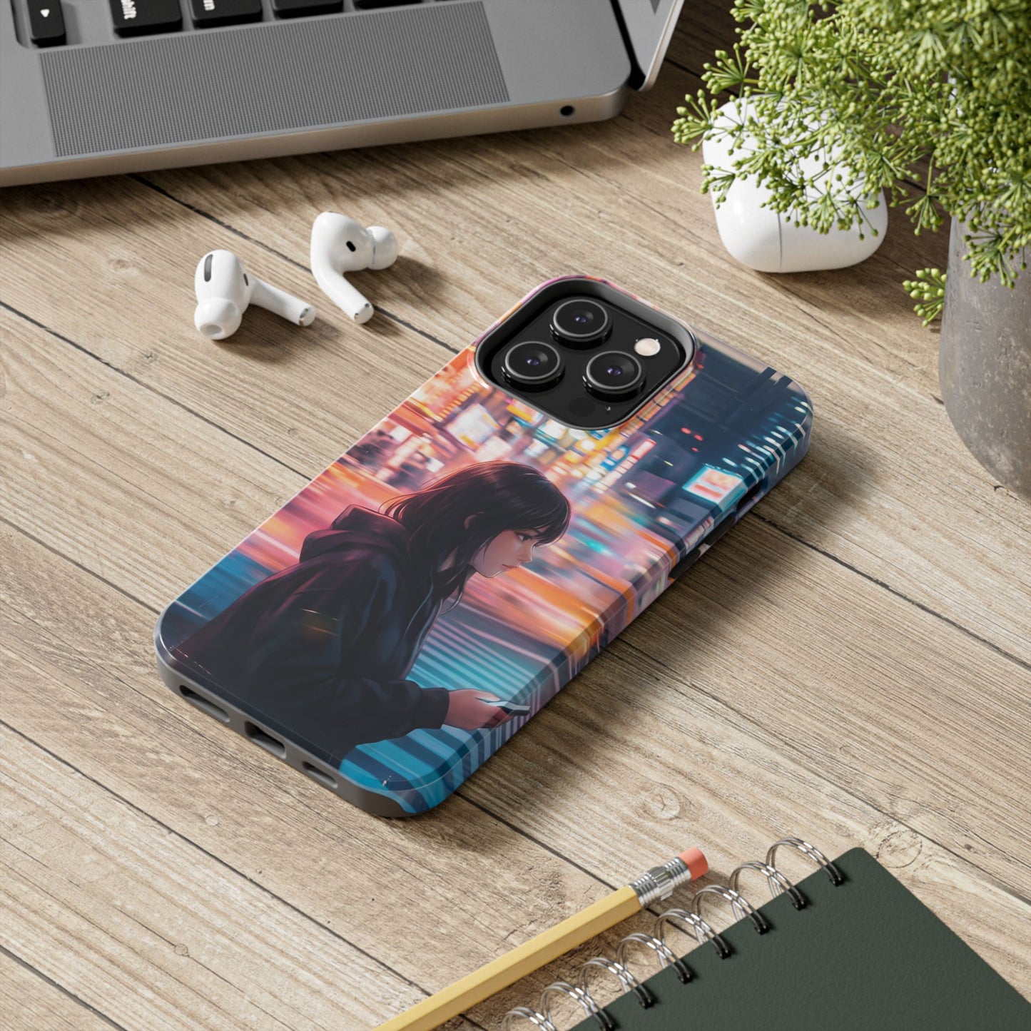 Neon City Girl Tough Case - Urban Melancholy Anime Cover for iPhone & Samsung