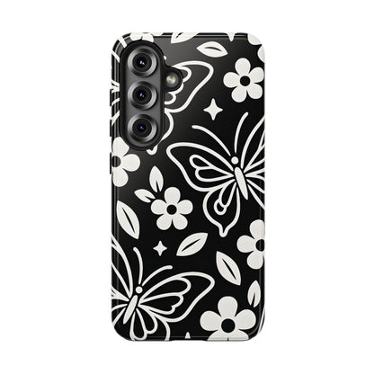 Midnight Butterfly Line Art Tough Case - Minimalist Floral Cover for iPhone & Samsung