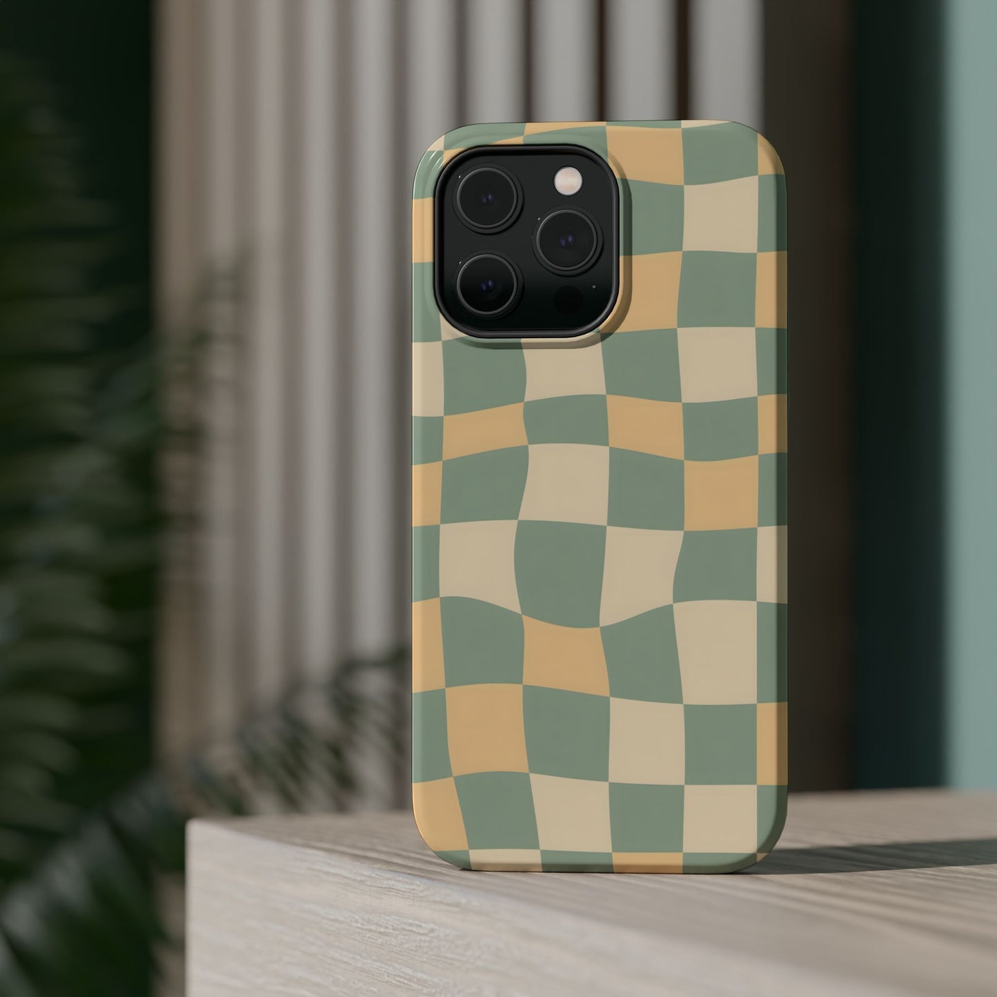 Wavy Sage & Cream Checkerboard Magnetic Case