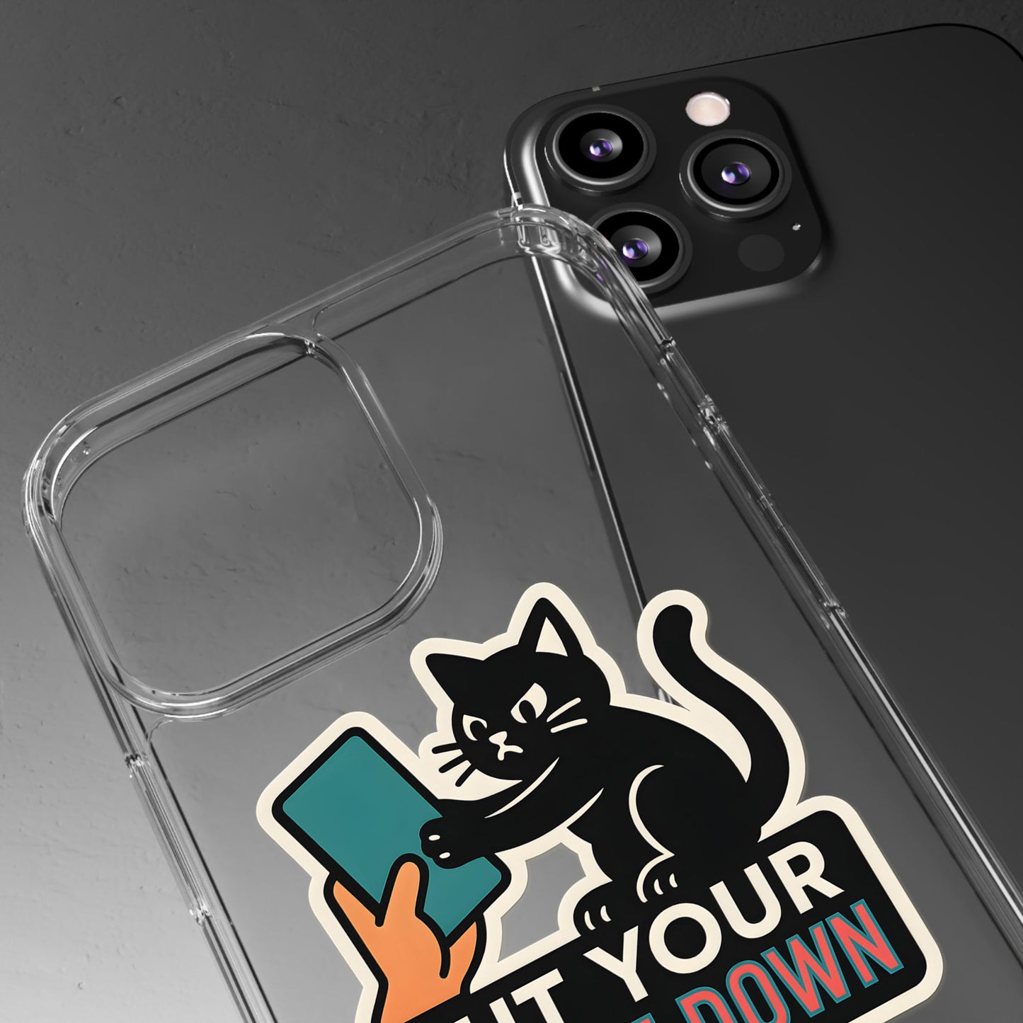 Clear "Put Your Phone Down" Cat Case - Funny Sarcastic Transparent Cover