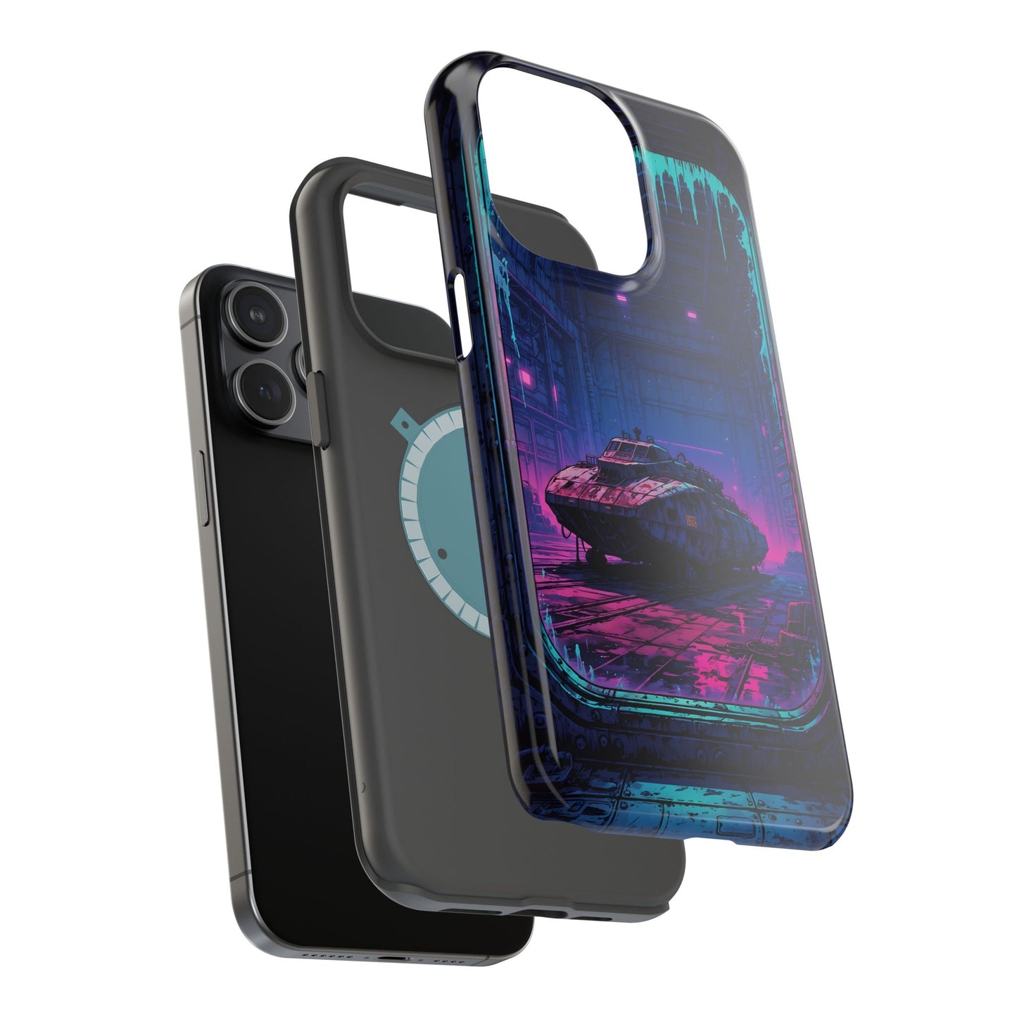 Cyberpunk Garage: Neon Sci-Fi Hover Tank MagSafe Case