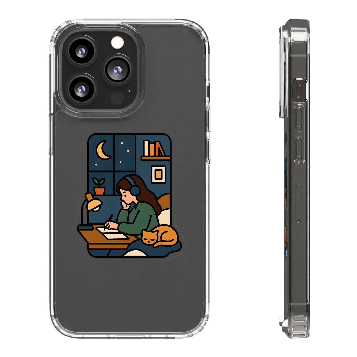 Clear Lofi Midnight Study Case - Cozy Aesthetic Transparent Cover for iPhone & Samsung