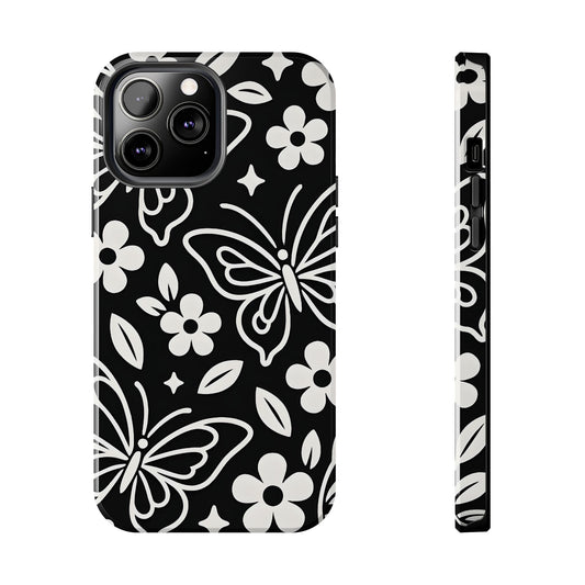 Midnight Butterfly Line Art Tough Case - Minimalist Floral Cover for iPhone & Samsung