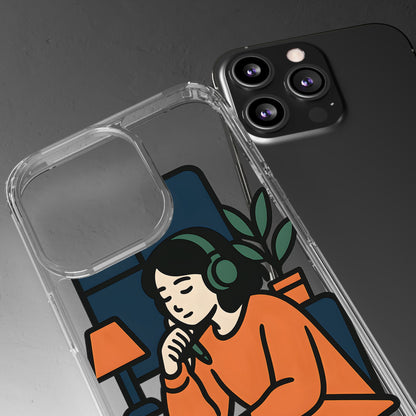 Clear Lofi Study Girl Case - Minimalist Aesthetic Transparent Cover for iPhone & Samsung