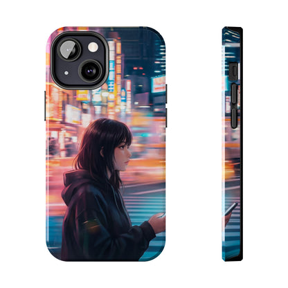 Neon City Girl Tough Case - Urban Melancholy Anime Cover for iPhone & Samsung