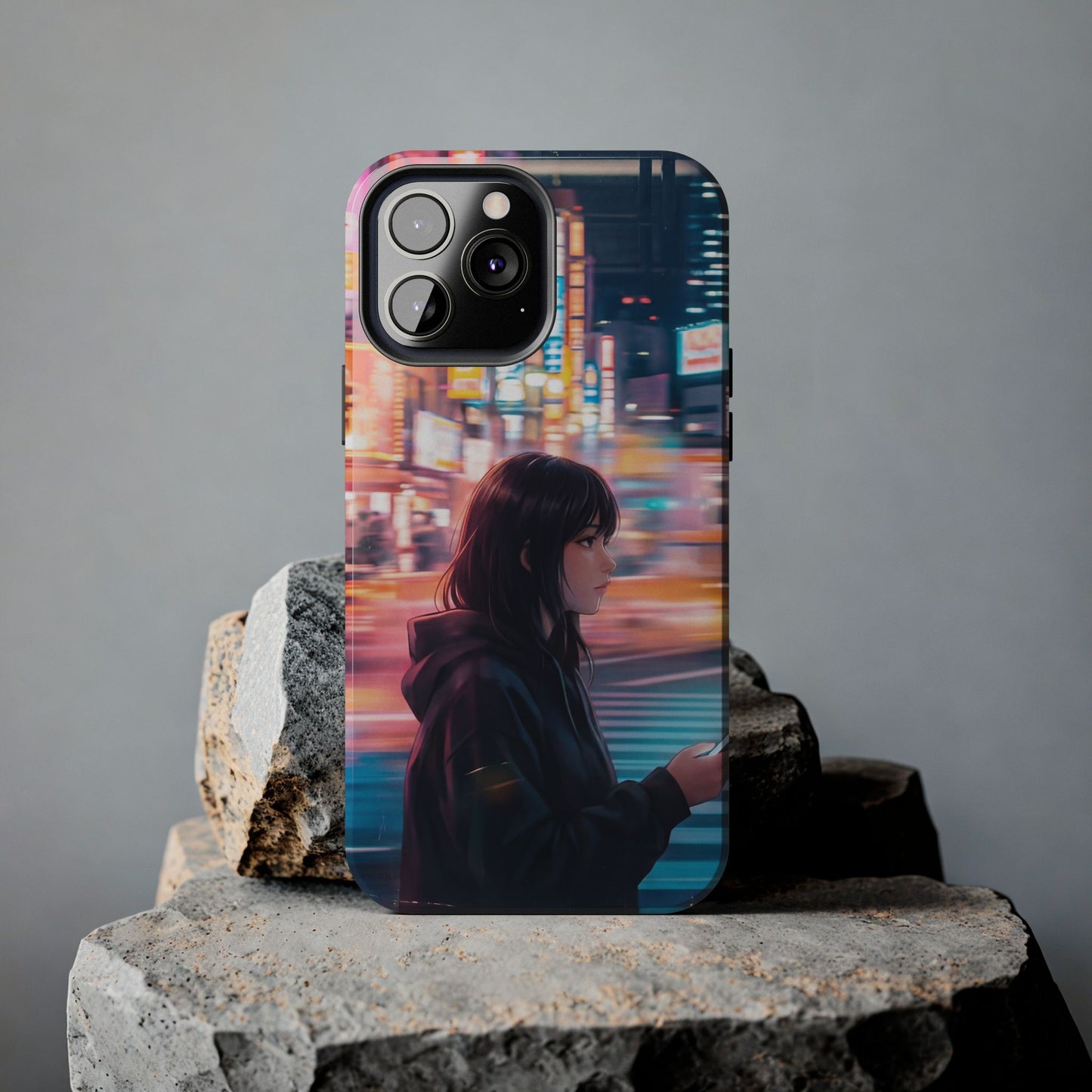 Neon City Girl Tough Case - Urban Melancholy Anime Cover for iPhone & Samsung