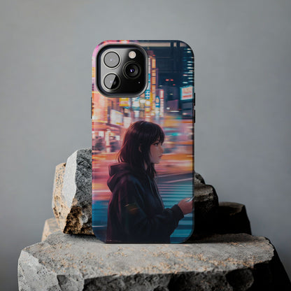 Neon City Girl Tough Case - Urban Melancholy Anime Cover for iPhone & Samsung