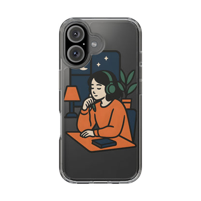 Clear Lofi Study Girl Case - Minimalist Aesthetic Transparent Cover for iPhone & Samsung