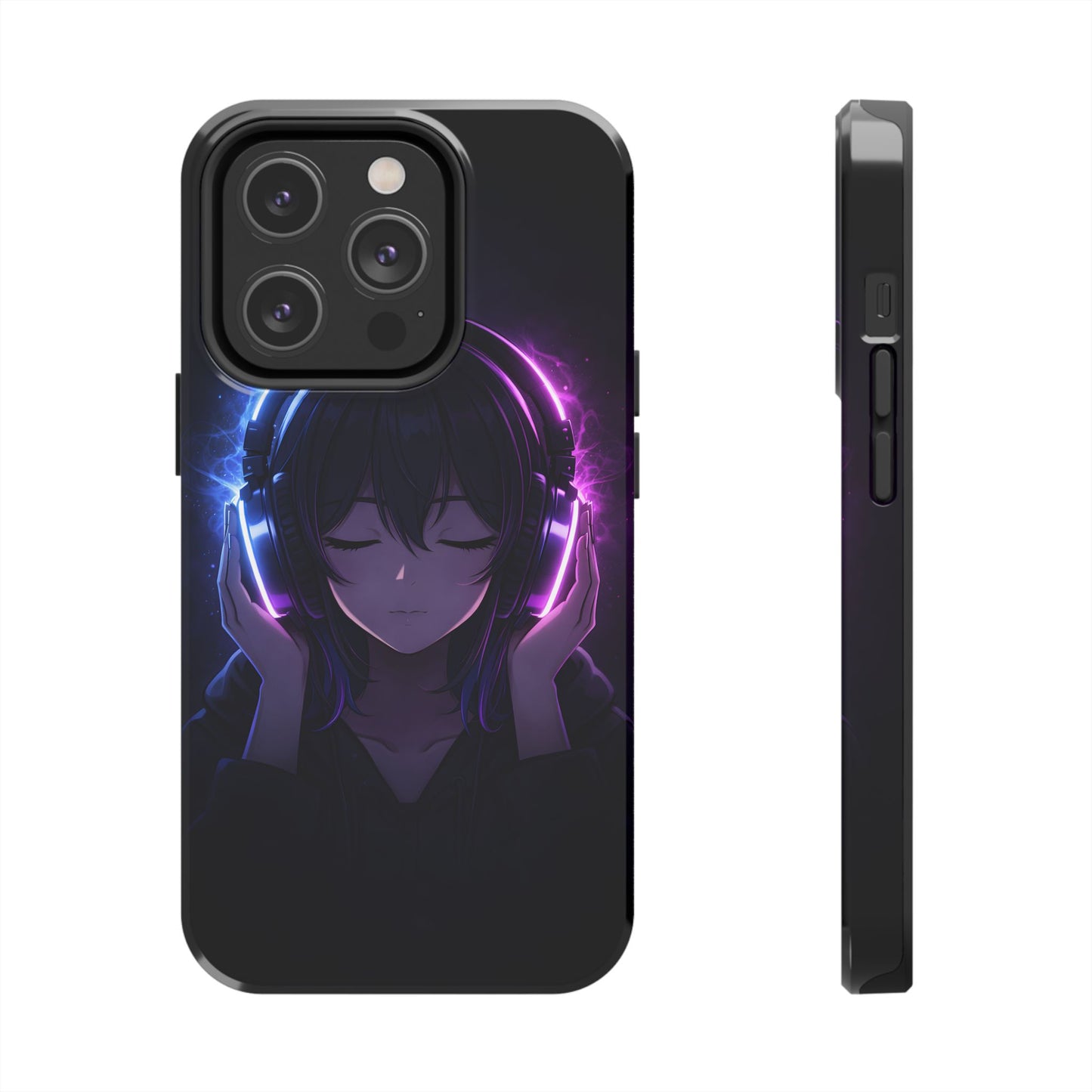 Neon Music Anime Girl Tough Case - Purple & Blue Aesthetic Cover for iPhone & Samsung