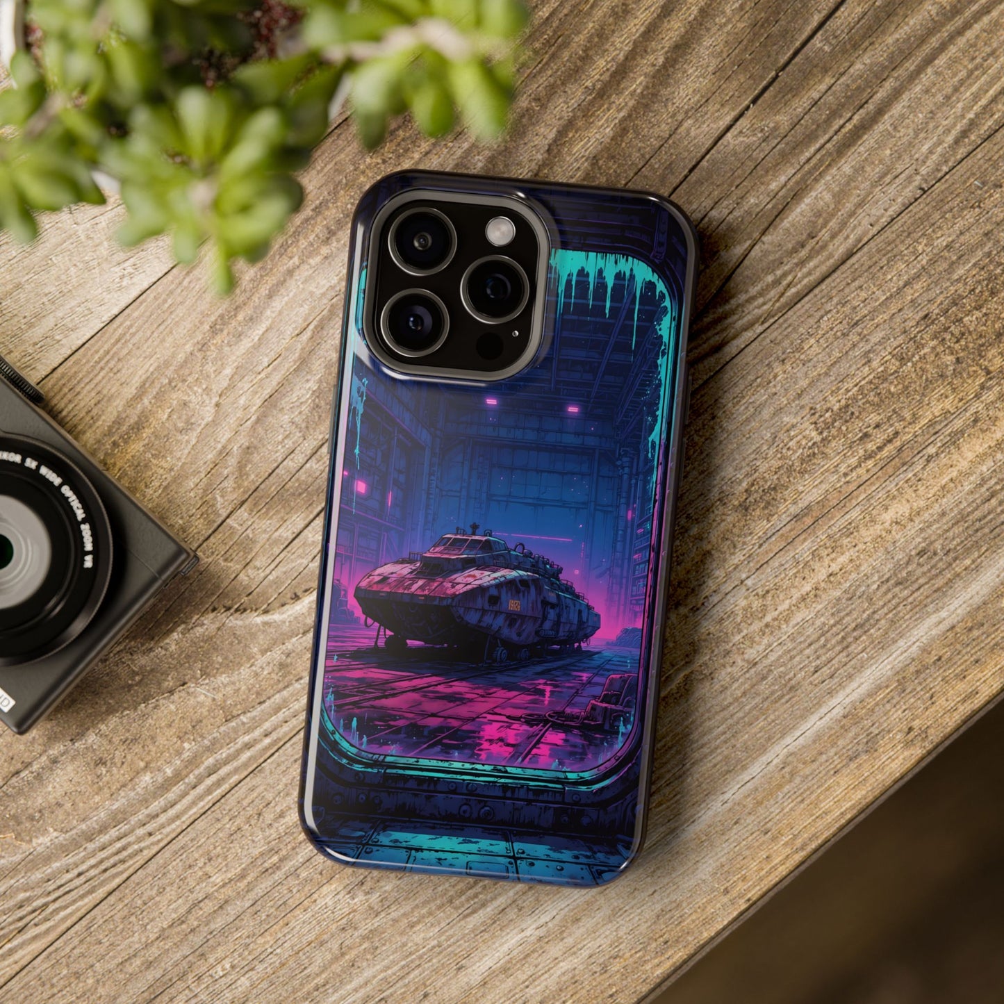 Cyberpunk Garage: Neon Sci-Fi Hover Tank MagSafe Case