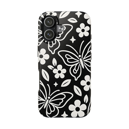 Midnight Butterfly Line Art Tough Case - Minimalist Floral Cover for iPhone & Samsung