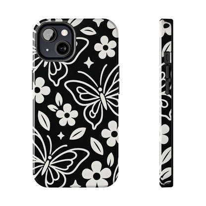 Midnight Butterfly Line Art Tough Case - Minimalist Floral Cover for iPhone & Samsung