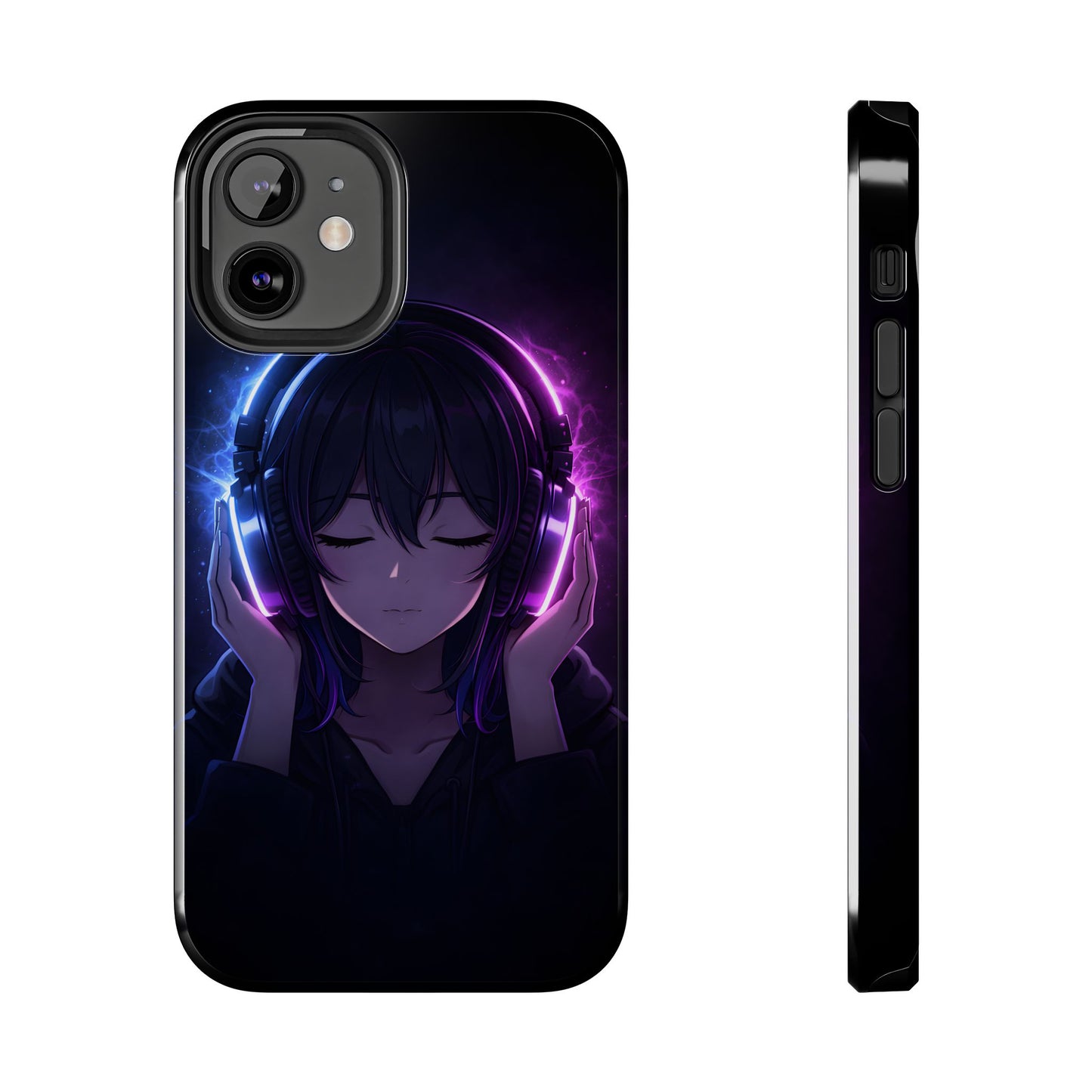 Neon Music Anime Girl Tough Case - Purple & Blue Aesthetic Cover for iPhone & Samsung
