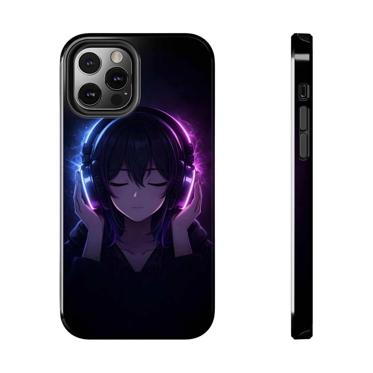 Neon Music Anime Girl Tough Case - Purple & Blue Aesthetic Cover for iPhone & Samsung