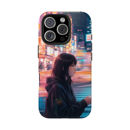 Neon City Girl Tough Case - Urban Melancholy Anime Cover for iPhone & Samsung