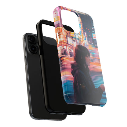 Neon City Girl Tough Case - Urban Melancholy Anime Cover for iPhone & Samsung